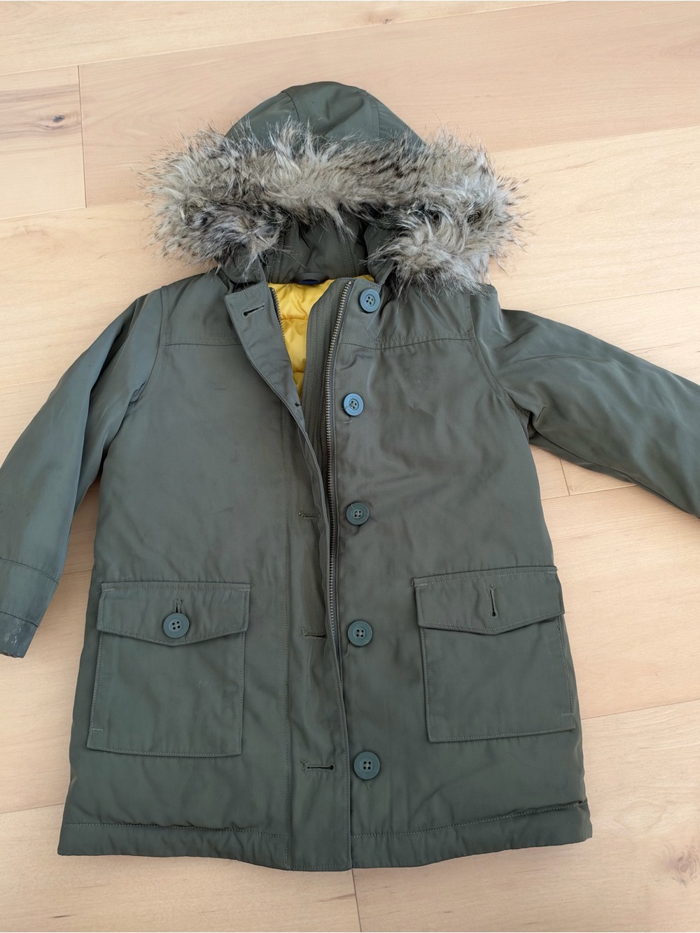 GAP Olive Green Hooded Puffer Coat with Faux Fur Trim
